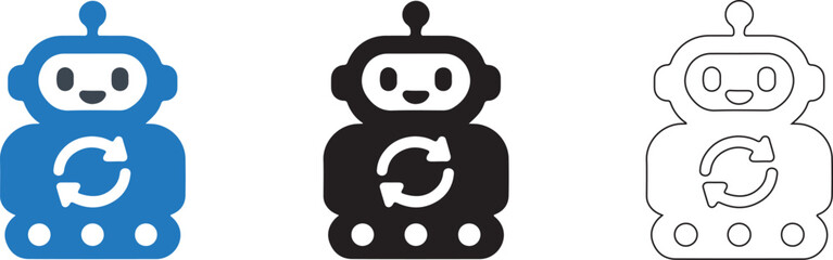 Fototapeta premium AI Robot Sync Icon Set, Chatbot Refresh, Artificial Intelligence Update, Black Blue Outline Vector Pictogram Collection