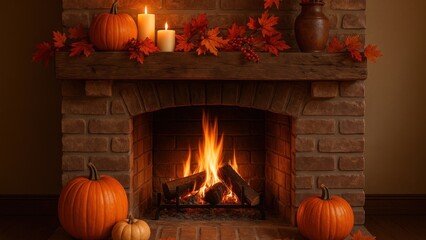 Fototapeta premium Cozy autumn fireplace decor wallpaper for desktop