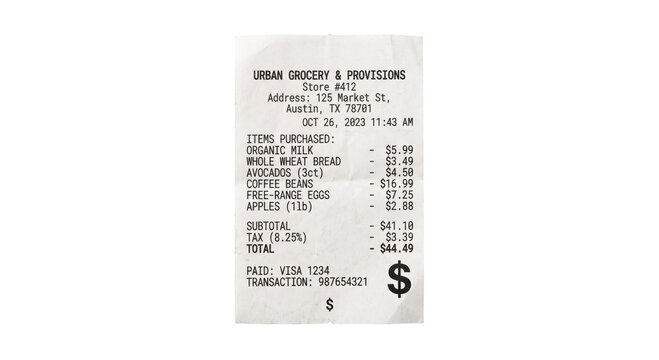 Grocery store receipt showing items purchased and total cost