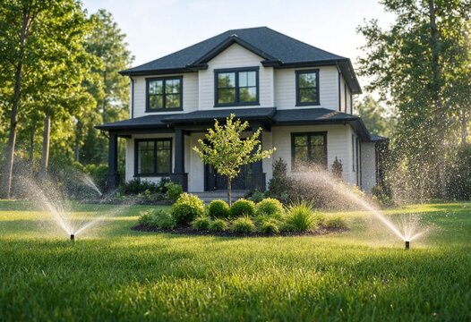 Modern residential home featuring an automatic lawn sprinkler system watering lush green grass beneath a cloudy sky, highlighting sustainable irrigation, landscaping, property maintenance.
