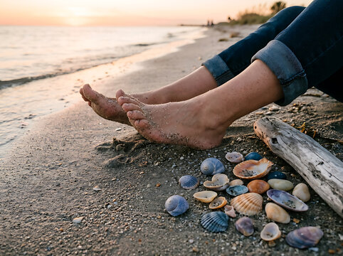 Person sitting on the sandy beach with seashells at sunset.
