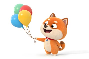 Fototapeta premium Cartoon Shiba Inu dog holding colorful balloons and smiling