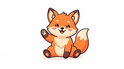 Fototapeta premium Cute Smiling Kawaii Fox Waving Cartoon Character Sitting Isolated on White Background Flat Vector Style