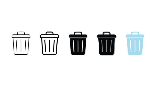 Five trash bins with different colors and fill levels
