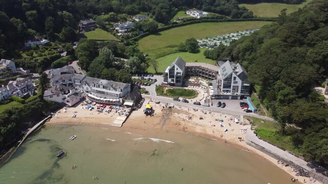Aerial drone view of South Sands Beach near Salcombe, South Devon, England