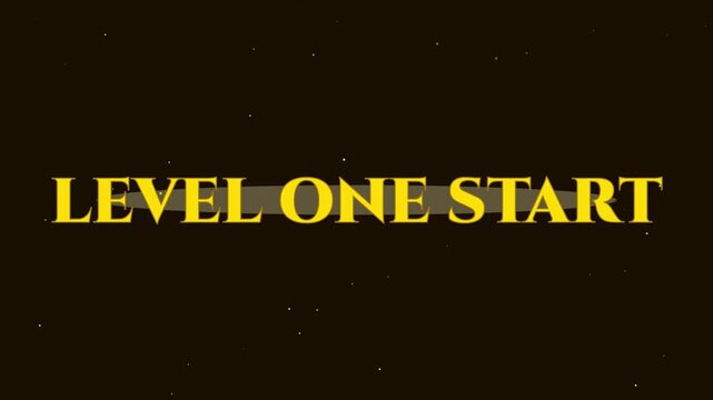 Level one start retro gaming text animation with glowing gold typography and particle 4k background arcade