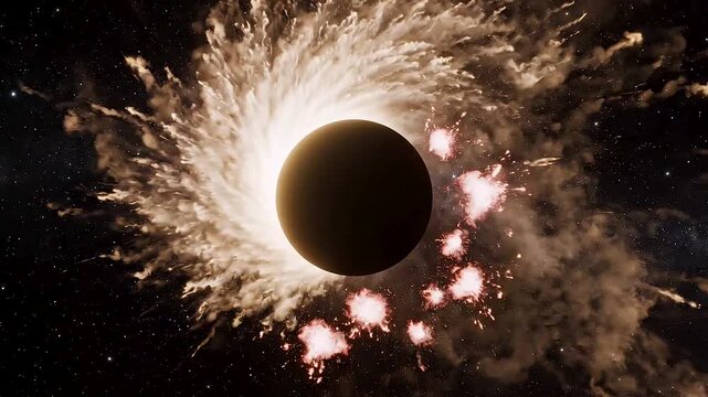 V&iacute;deo hiperrealista de un eclipse solar total con corona solar visible, transici&oacute;n del d&iacute;a a la noche y calidad cinematogr&aacute;fica, ideal para proyectos cient&iacute;ficos y contenido stock.
