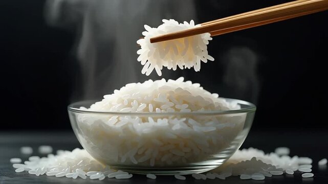 透明な茶碗いっぱいの白米を木製箸が持ち上げ柔らかな湯気と輝く米粒が深い黒の背景に映える