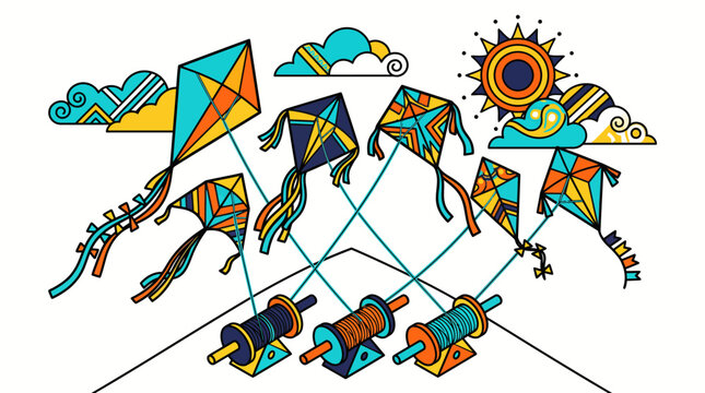 Colorful kites flying in the sunny sky with thread reels below