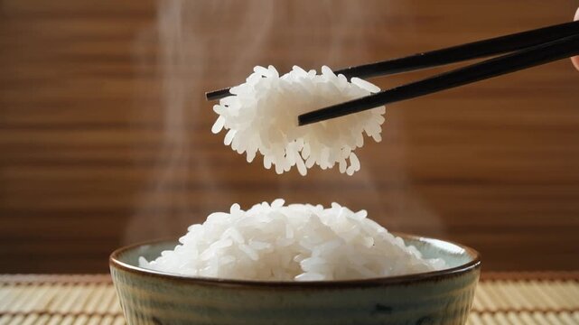 陶器茶碗の炊きたて白米を黒い箸が軽く持ち上げ柔らかな湯気とふっくらした米粒が艶めく