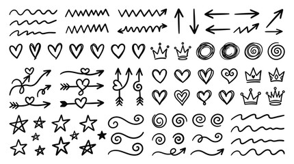 Obraz premium Sketch line arrow element, star, heart shape. Hand drawn doodle sketch style circle, cloud speech bubble grunge element set. Arrow, star, heart brush