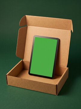 Open Kraft Mailer Box Mockup with Tablet Green Screen Display Upright Inside Dark Forest Green Background