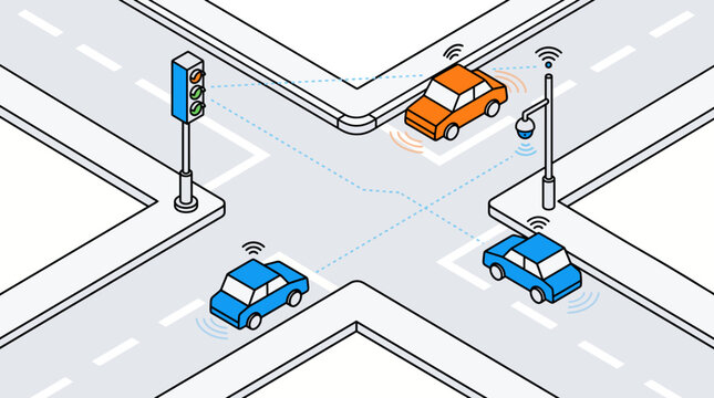 Isometric smart city intersection with autonomous vehicles