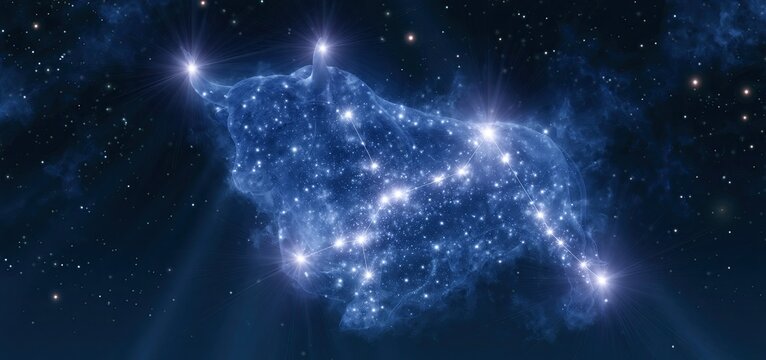 Taurus constellation shining brightly in a dark blue night sky with celestial symbols and glowing stars.