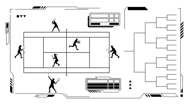 Tennis tournament competition infographic template with athlete silhouettes