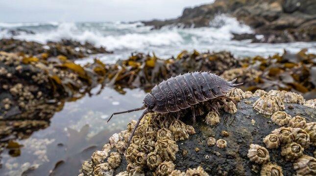 Coastal Woodlouse on Barnacle-Covered Rock in Rocky Intertidal Shoreline