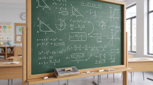 Chalkboard displaying math formulas in classroom setting for education  