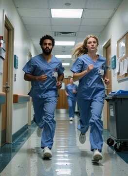 Two Doctors Running Down Hospital Hallway Urgent Care Emergency Medicine