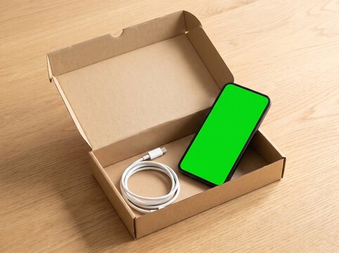 Open Kraft Mailer Box Mockup with Smartphone Green Screen Display and White USB Cable on Oak Surface