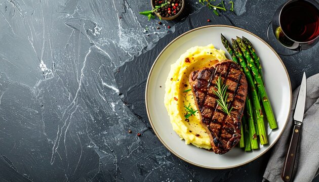 Grilled beef steak with mashed potatoes and asparagus served on a plate with copy space