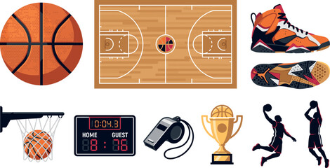Basketball Equipment Illustration Set Featuring Orange Textured Ball Hardwood Court Aerial View High Top Sneaker Hoop Net Digital Scoreboard © axios