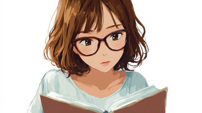 Reader holding a brown book looks down with concentration while wearing glasses.