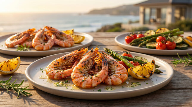 Gourmet Grilled Prawns Dinner Plates Fresh Roasted Asparagus Cherry Tomatoes Seared Lemon Slices Rustic Wooden Outdoor Table Sunset Coastal Oceanfront Background High Quality Fine Dining Cuisine Meal