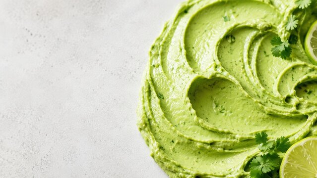 Avocado dip with lime and cilantro on white background