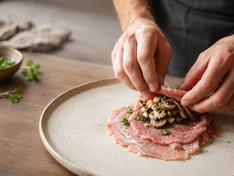 Hands filling stuffed meat roll in warm kitchen