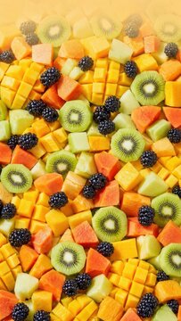 Tropical fruit salad collage with kiwi, mango and blackberries