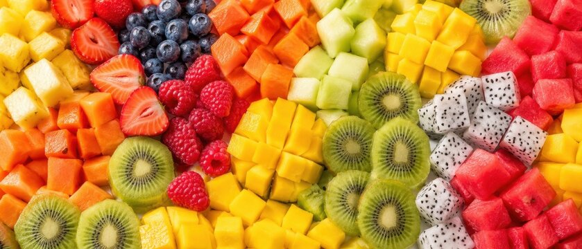 Assorted diced fruit arranged in colorful flat lay