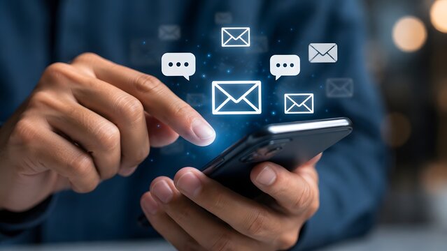 Man holding smartphone with email message icons