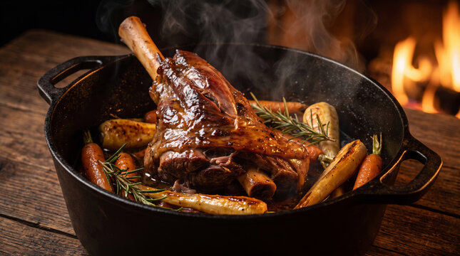 Rustic Roasted Lamb Shank Slow Cooked in Cast Iron Dutch Oven with Glazed Carrots Parsnips Fresh Rosemary Herb Garnish Steam Rising Cozy Winter Holiday Dinner Concept Warm Fireplace Background, Diet