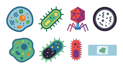 Fototapeta premium Microbiology vector icons set, colorful bacteria and virus cell illustrations, laboratory science symbols of germs and microbes, flat design biological organism collection for education