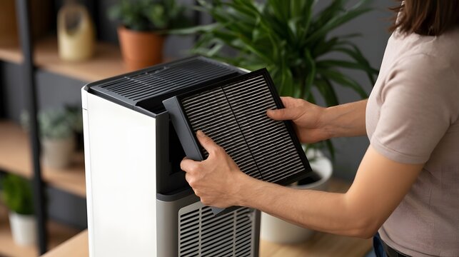 A person is replacing a filter inside an air purifier unit while standing near indoor plants