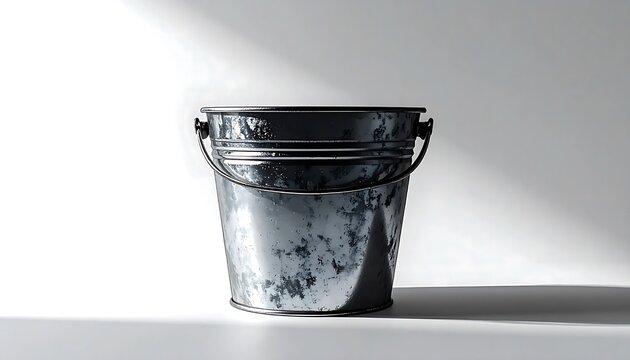 Old metal bucket on white surface in shadow.