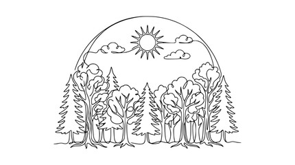 Fototapeta premium Continuous Line Drawing of a Forest Landscape with Sun and Trees