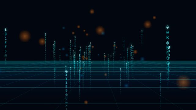 Digital data streams flowing downwards on a dark grid background seamless loop abstract animation of vertical blue alphanumeric binary falling over a perspective background, suitable