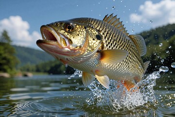 Fototapeta premium Aggressive Northern Pike Jumping Out of Water Splash Action Fishing Predator Nature Wildlife
