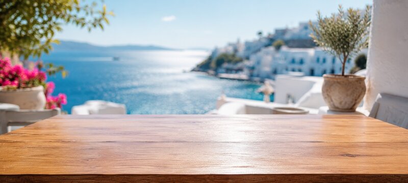 Seaside terrace cafe with wooden table and ocean view