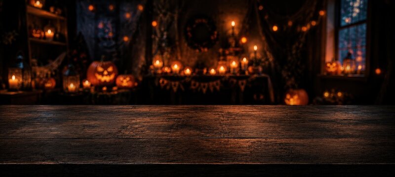 Halloween candles and pumpkins on rustic wooden table