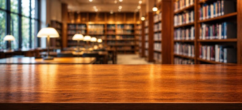 Empty library interior with wooden table and blurred bookshelves