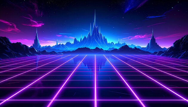 Futuristic neon synthwave landscape with glowing mountains