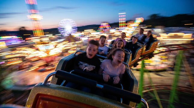 Thrilling Roller Coaster Ride with Motion Blur Lights at Night Amusement Park