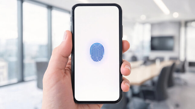 Hand Holding Smartphone with Blue Biometric Fingerprint Icon on White Screen, Mobile Multi Factor Authentication Mockup
