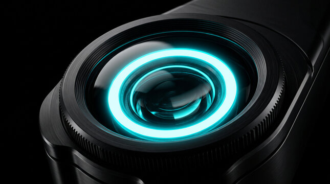 Futuristic Black Optical Scanner Lens with Glowing Cyan Ring Reflection, Biometric Iris Scan and Security Concept
