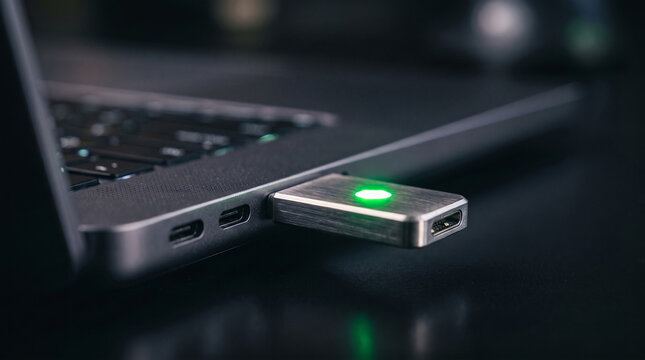 Brushed Aluminum USB Security Key with Green LED Inserted in Laptop Port, Hardware Authentication and Security Concept
