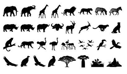 Fototapeta premium African Savannah Animal Silhouette Vector Set with Elephants Giraffes Birds and Trees