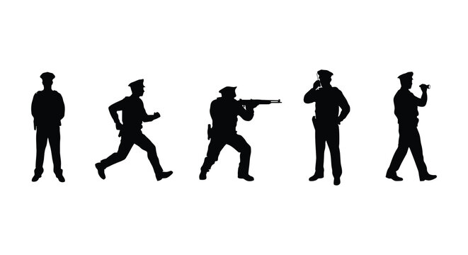 Five police officer silhouettes in various action poses against a white background silhouette policeman law enforcement security personnel