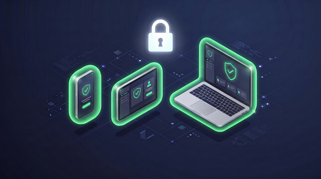 3D Isometric Laptop, Tablet, and Phone with Green Protective Bubbles, Mobile Device Management MDM Security Concept
